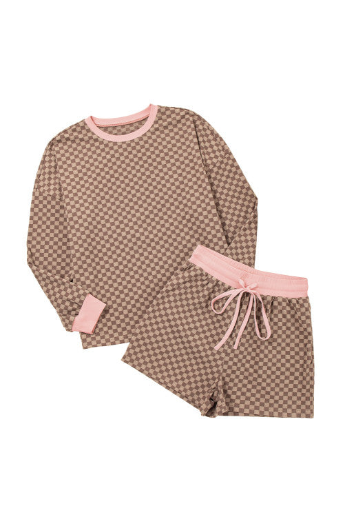 Brown Checkerboard Contrast Trim Long Sleeve Pullover and