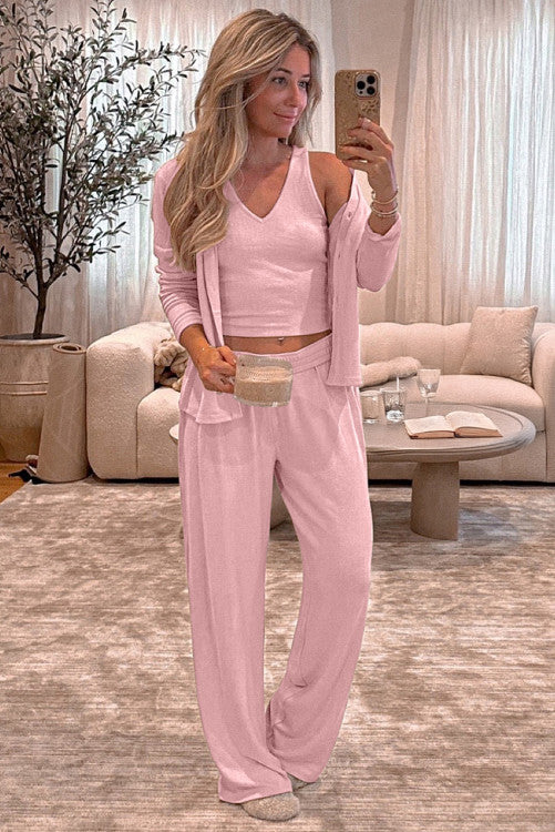 Light Pink V Neck Vest Button Up Cardigan and Pants 3pcs Pajama Set