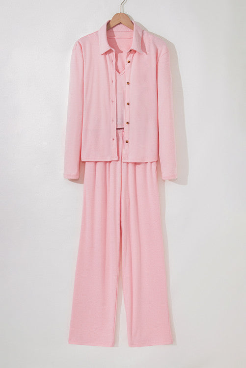 Light Pink V Neck Vest Button Up Cardigan and Pants 3pcs Pajama Set
