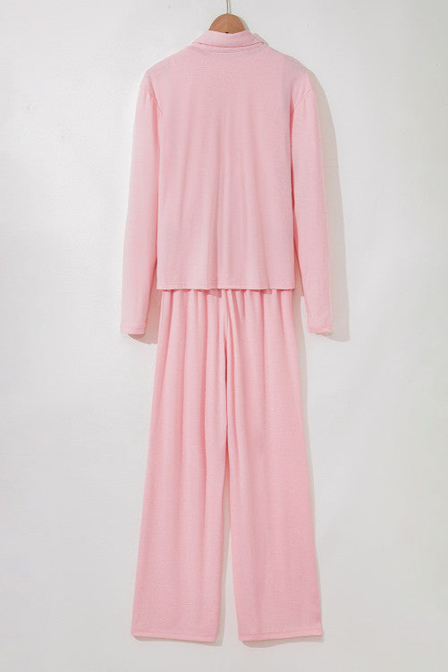 Light Pink V Neck Vest Button Up Cardigan and Pants 3pcs Pajama Set