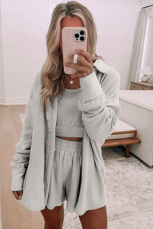 Gray Shirred Hem Crop Tank Top Loose Shorts Cardigan 3 Piece Pajama Set