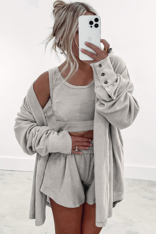 Gray Shirred Hem Crop Tank Top Loose Shorts Cardigan 3 Piece Pajama Set