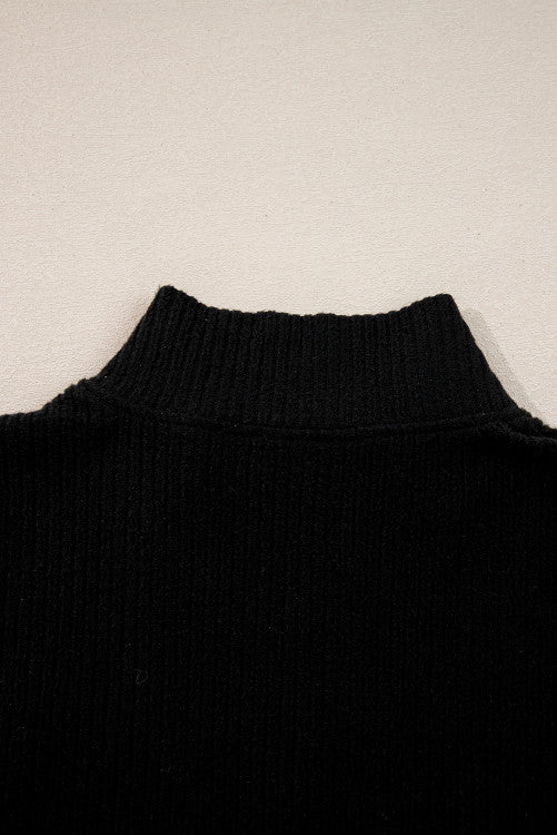 Black Ribbed Zip Neck Drop Shoulder Pullover Bodycon Skirt Set