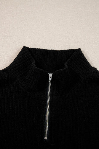 Black Ribbed Zip Neck Drop Shoulder Pullover Bodycon Skirt Set