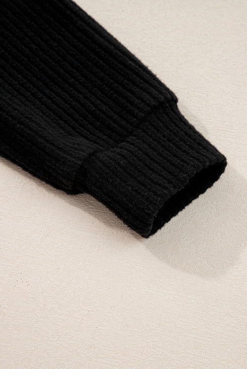 Black Ribbed Zip Neck Drop Shoulder Pullover Bodycon Skirt Set
