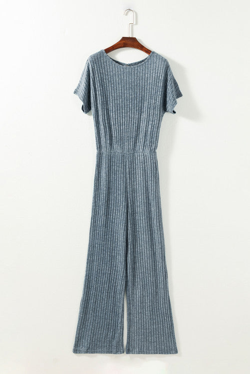 Dusk Blue Ribbed Keyhole Short Sleeve Wide Leg Jumpsuit