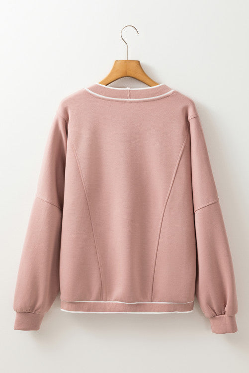 Pink Side Pockets V Neck Button Down Preppy Sweatshirt Cardigan