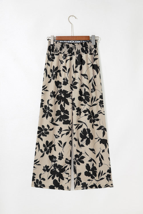Khaki Floral Smocked Frill Waist Wide Leg Pants