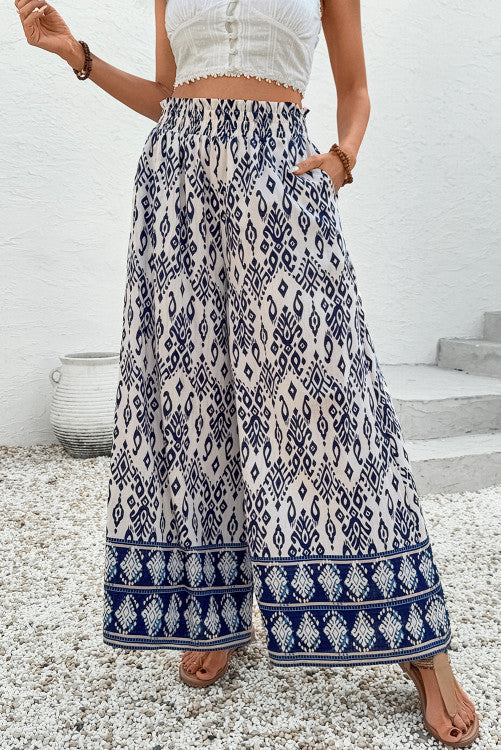 Blue Ethnic Print High Waist Wide Leg Loose Pants