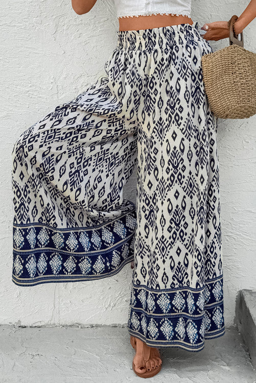 Blue Ethnic Print High Waist Wide Leg Loose Pants
