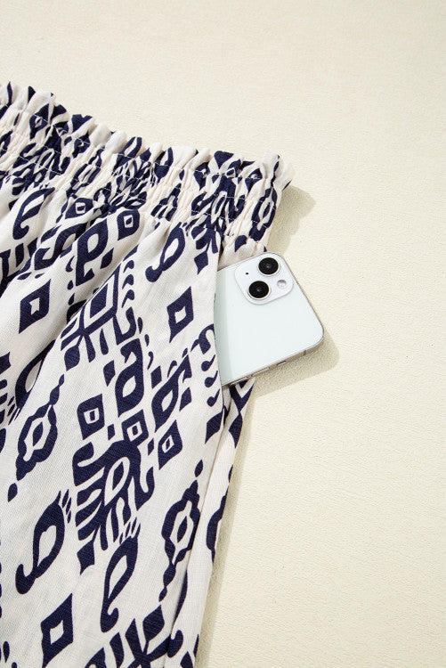 Blue Ethnic Print High Waist Wide Leg Loose Pants