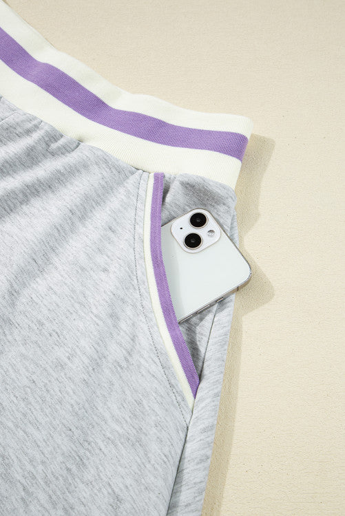 Light Grey Contrast Trim Striped Loose Sweatshirt and Skort Set