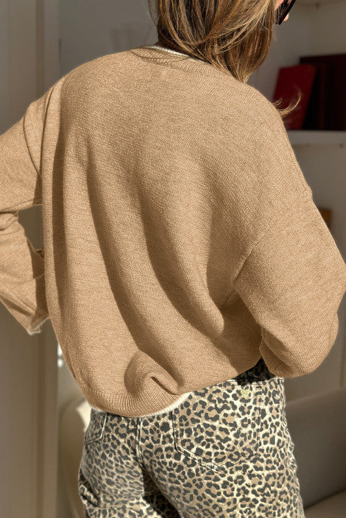 Tan Leopard Bow Decor Split Cuffs Contrast Trim Sweater