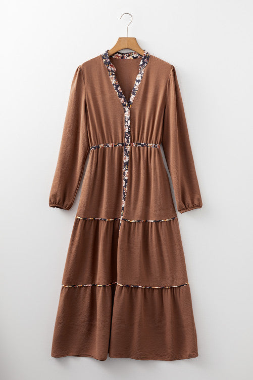 Chestnut Floral Patchwork Notched Neck Long Sleeve Maxi Dress