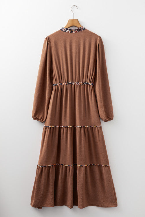 Chestnut Floral Patchwork Notched Neck Long Sleeve Maxi Dress