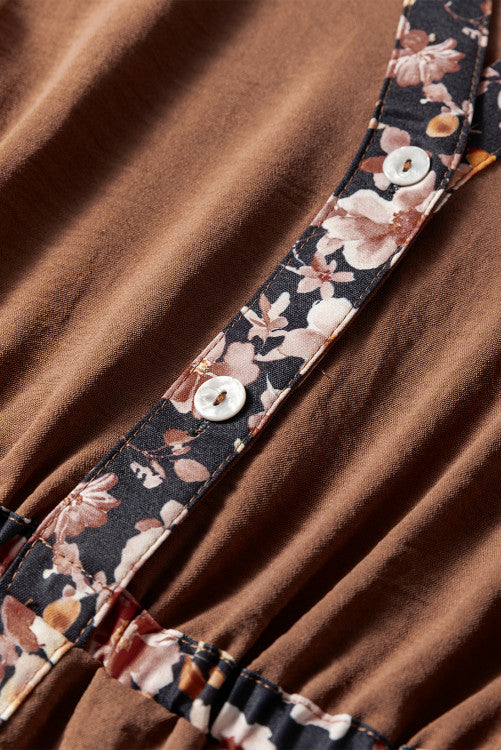 Chestnut Floral Patchwork Notched Neck Long Sleeve Maxi Dress