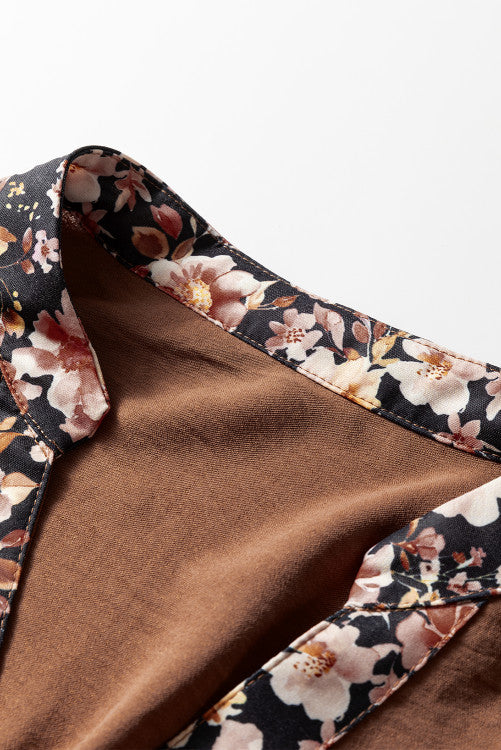 Chestnut Floral Patchwork Notched Neck Long Sleeve Maxi Dress