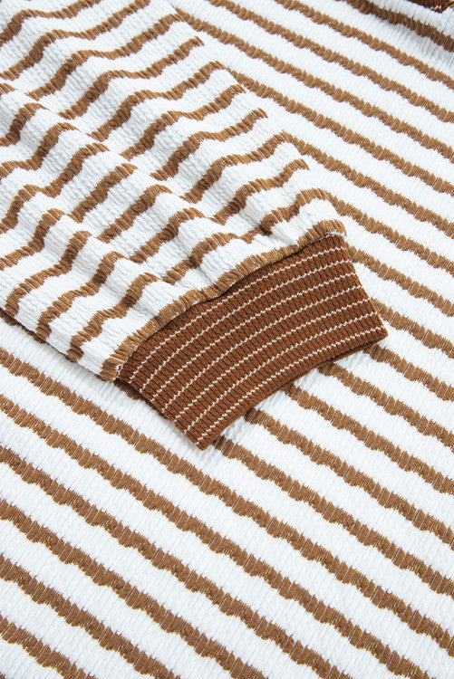 Khaki Stripe Plus Size Loose Pullover Drawstring Elastic Waist Wide Leg Pants Set