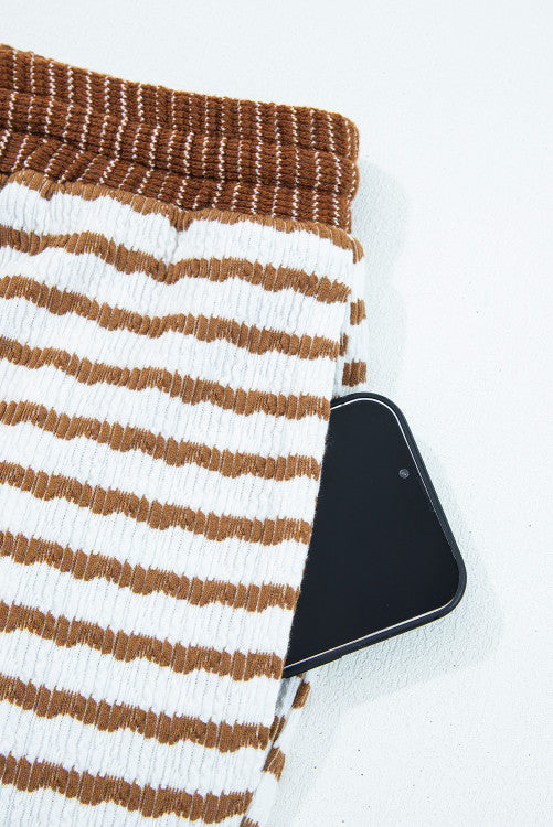 Khaki Stripe Plus Size Loose Pullover Drawstring Elastic Waist Wide Leg Pants Set