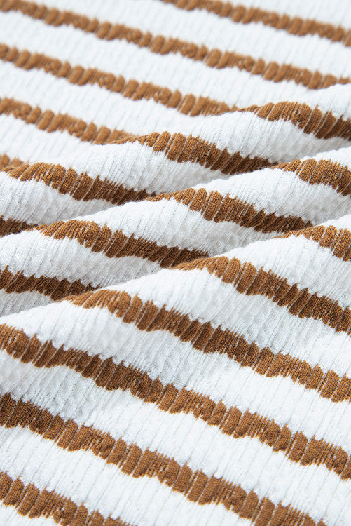 Khaki Stripe Plus Size Loose Pullover Drawstring Elastic Waist Wide Leg Pants Set