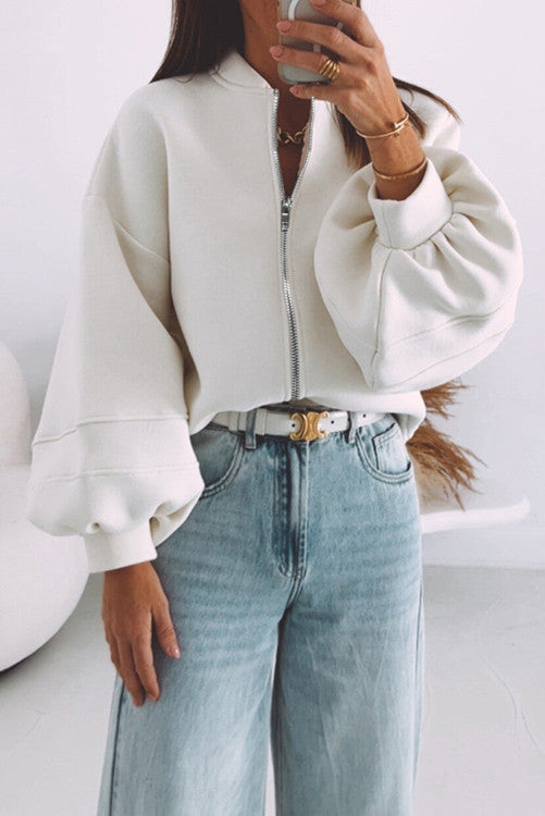 White Solid Color Zip Up Knit Puff Sleeve Jacket