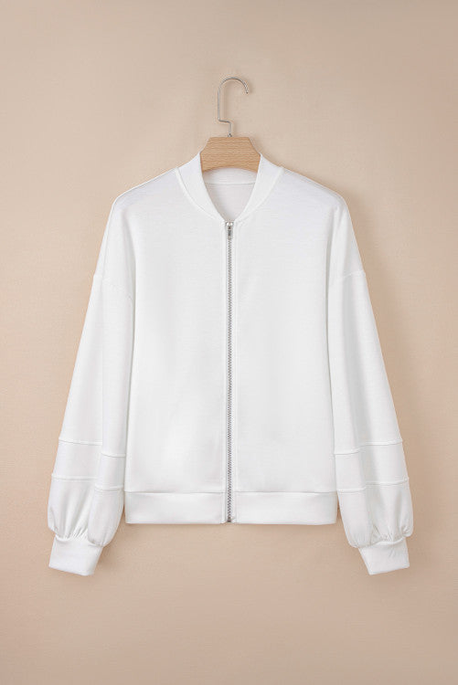 White Solid Color Zip Up Knit Puff Sleeve Jacket