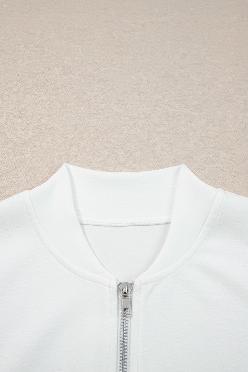 White Solid Color Zip Up Knit Puff Sleeve Jacket