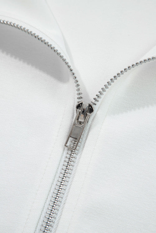 White Solid Color Zip Up Knit Puff Sleeve Jacket