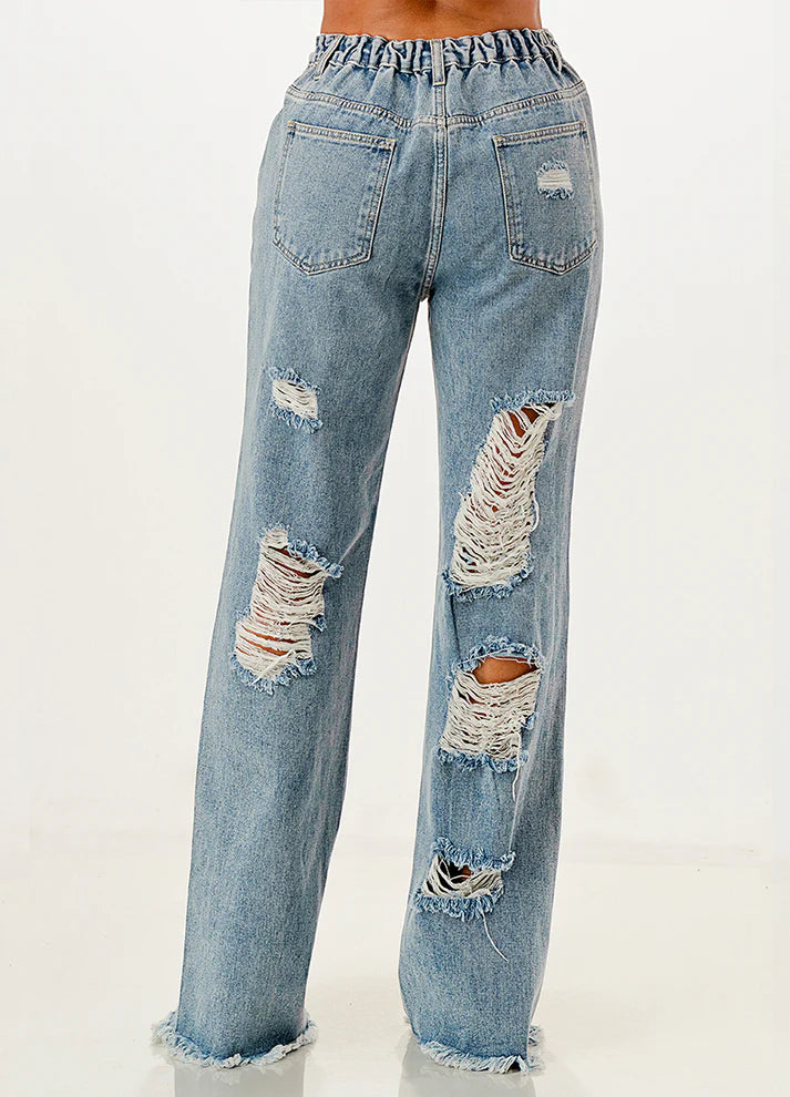 DESTROYED WIDE LEG DENIM PANTS