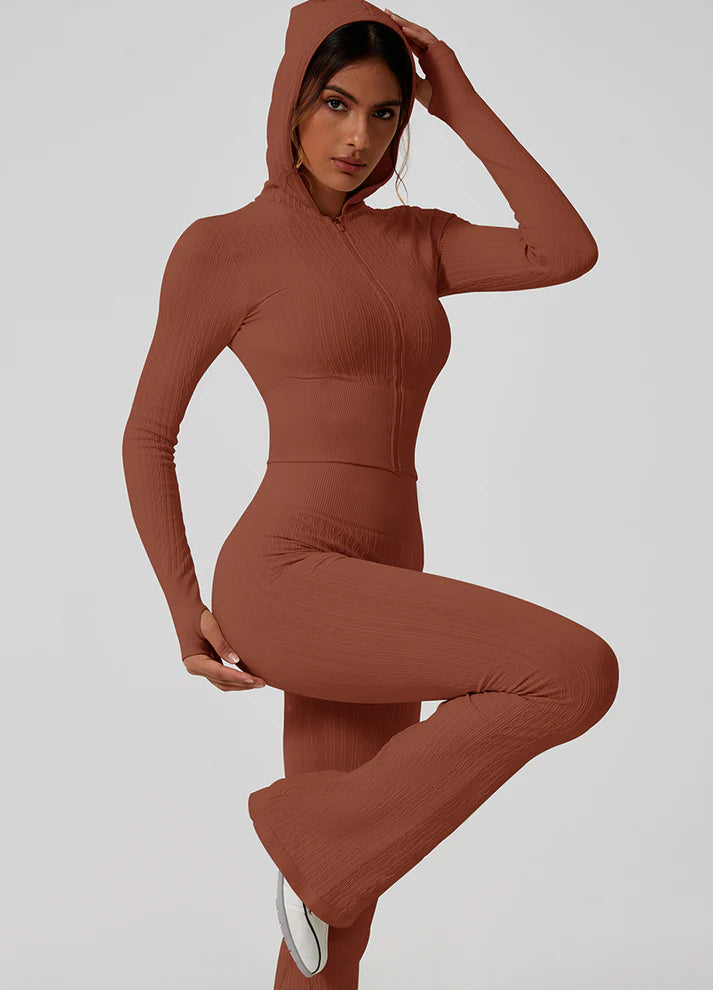 CHAIN TEXTURE SEAMLESS HOODIE ZIP UP OUTFIT SET