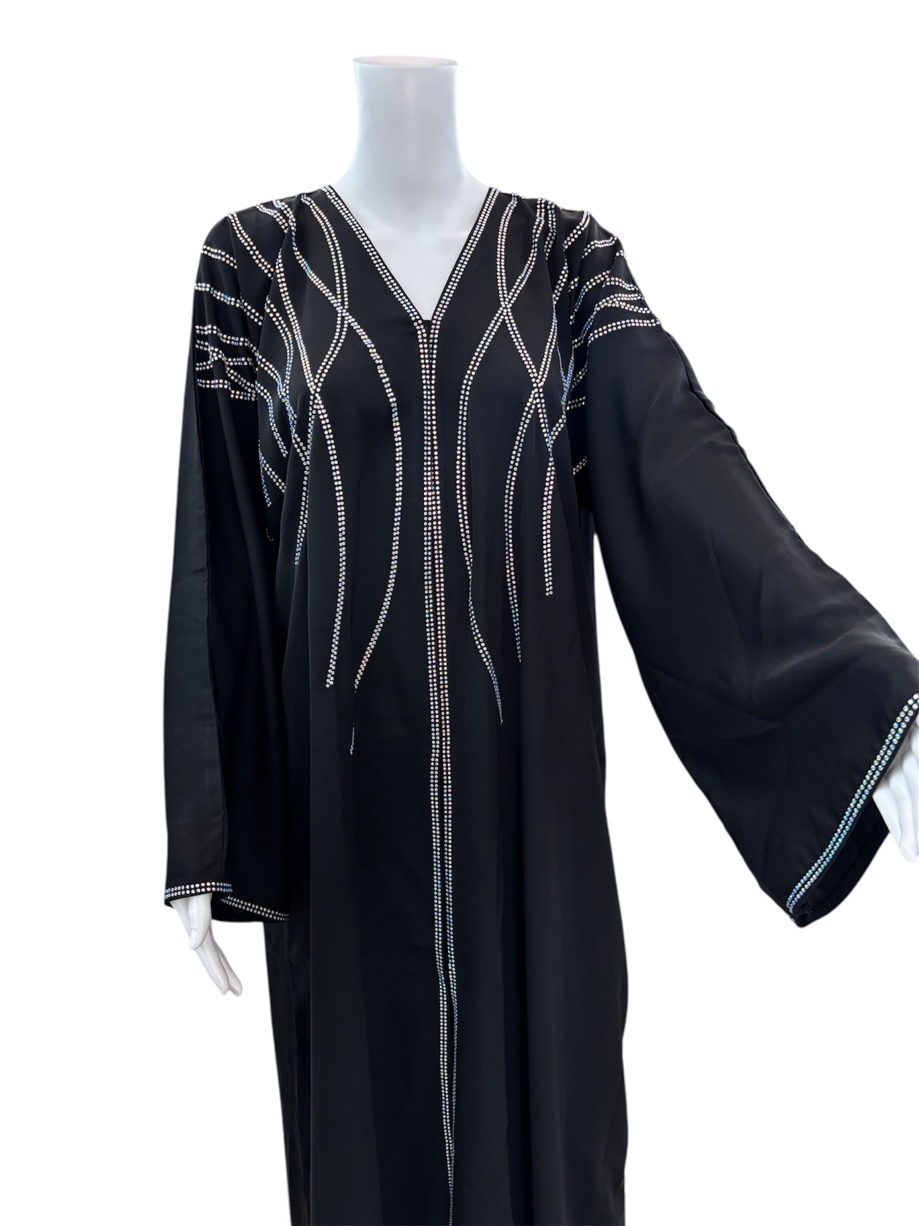 black abaya with stone work with iridescent stones. scarf included