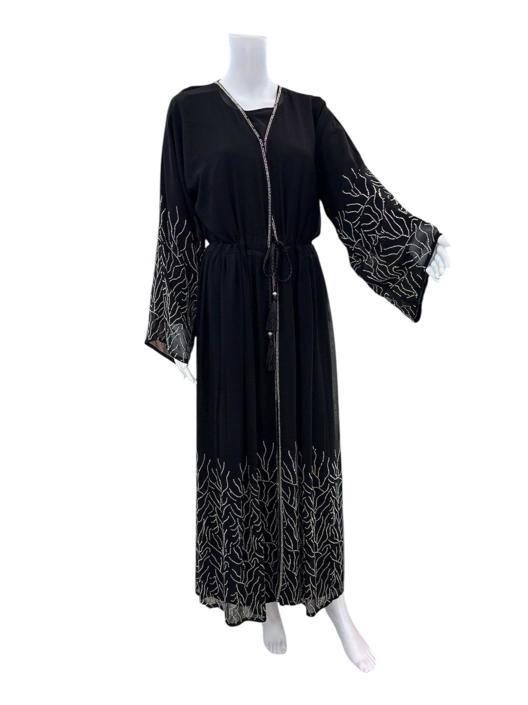 black abaya 3 piece with an inner black abaya and mesh iridescent stone over coat with scarf