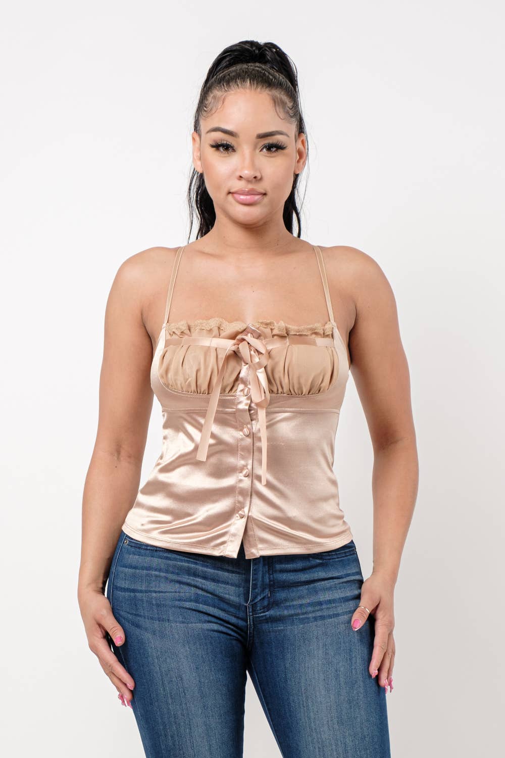 Buttons Mesh Ruched Lace Trim Front Tie Top
