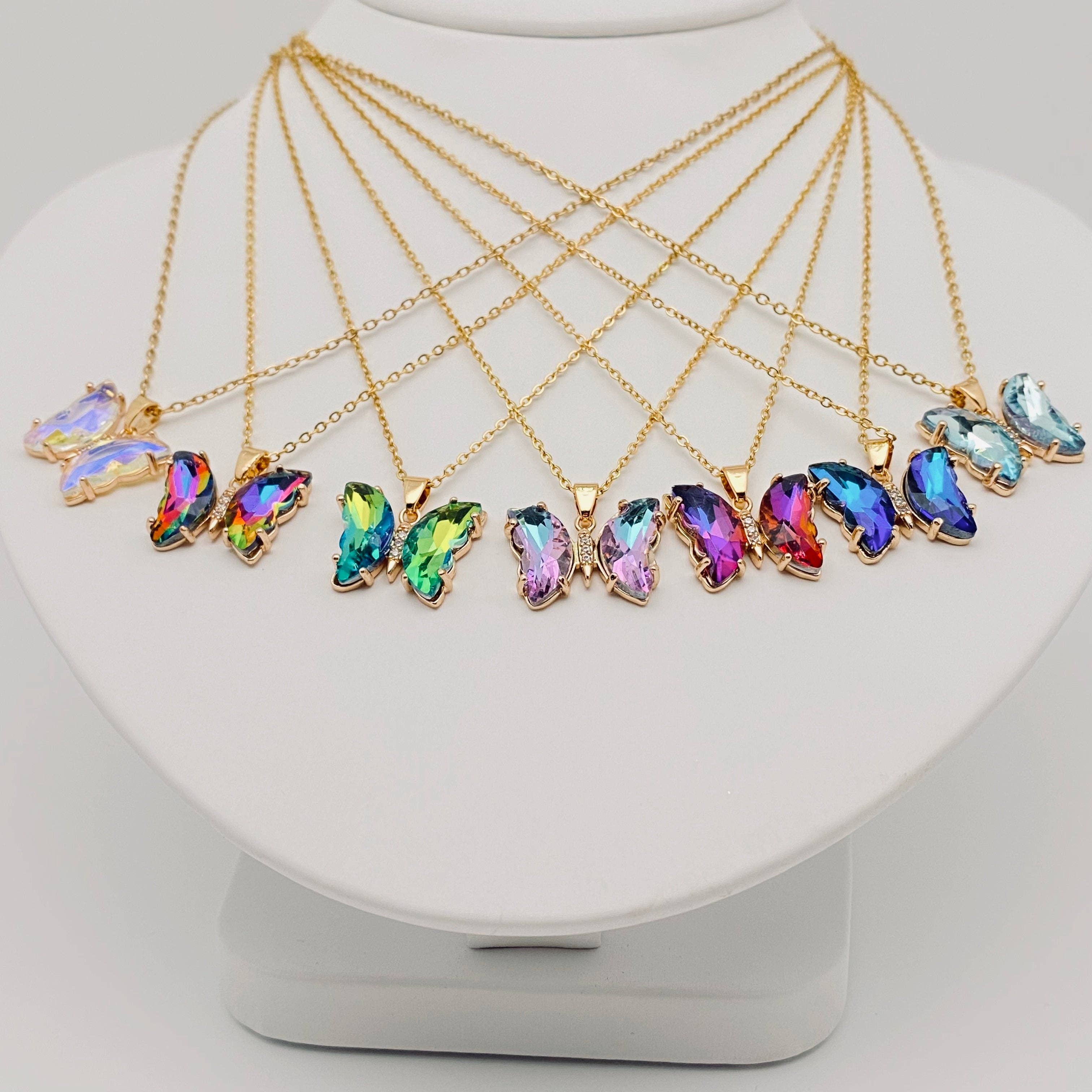 Ladies Multicolor Glass Butterfly Pendant Necklace