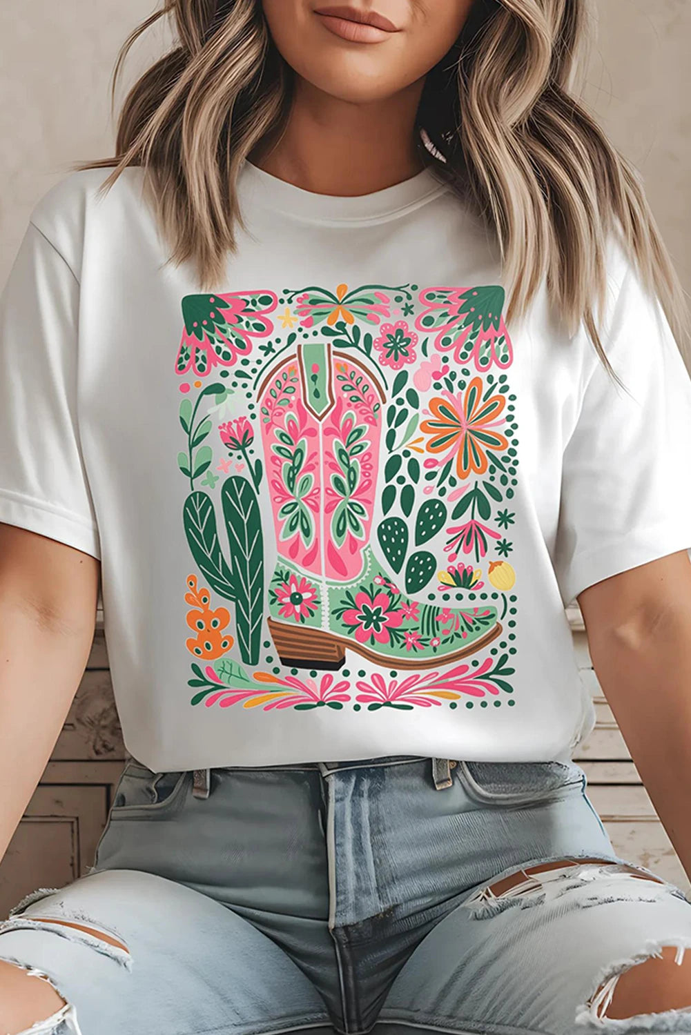 White Boots Flower Heat Transfer Printing Crew Neck Graphic Loose Tee