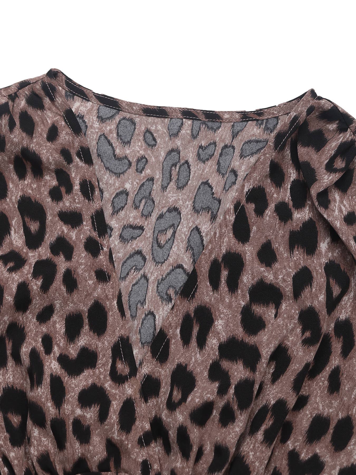 High-Waisted V-Neck Leopard Print Long-Sleeved Dress