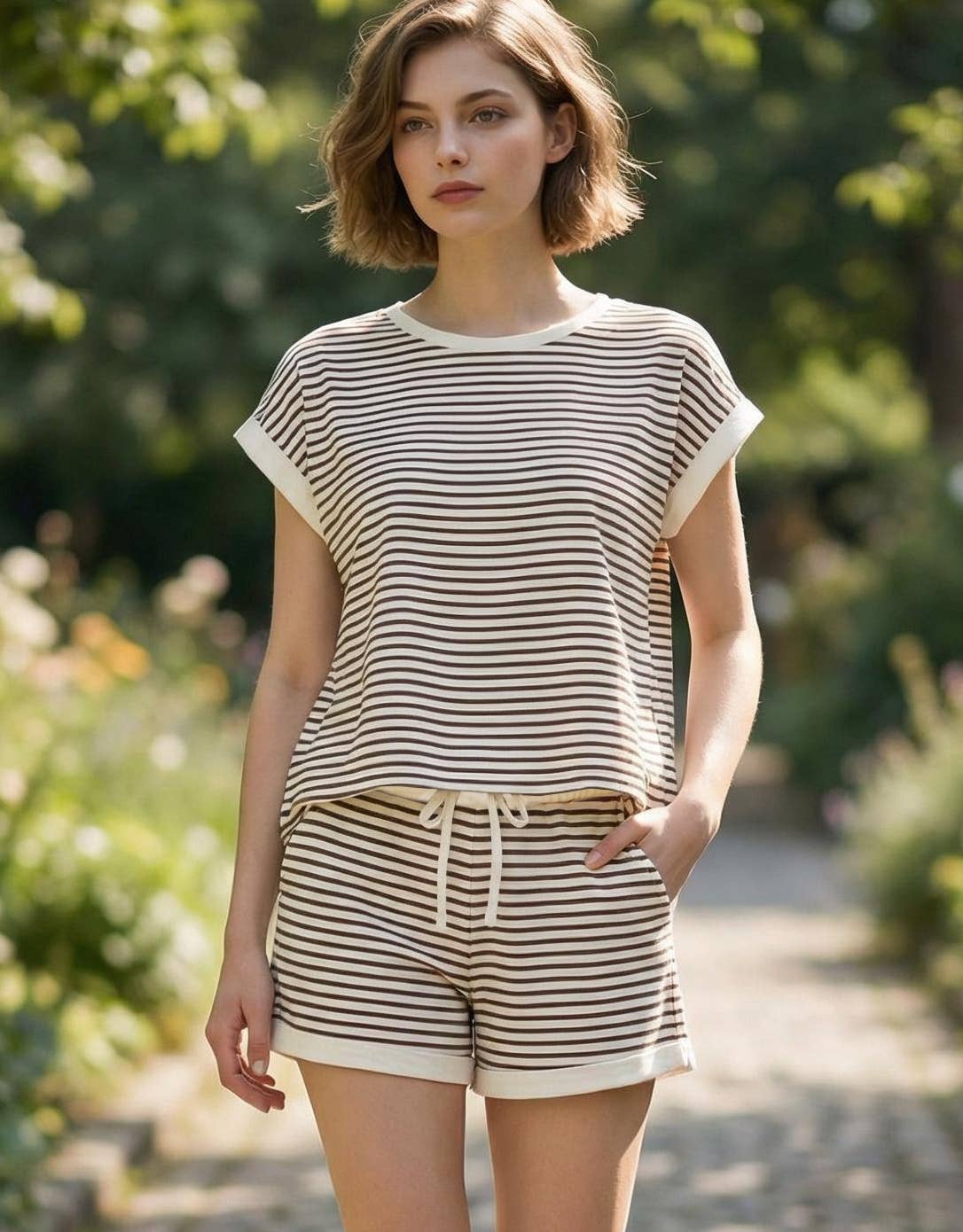 Stripe Contrast Trim Top & Shorts Set