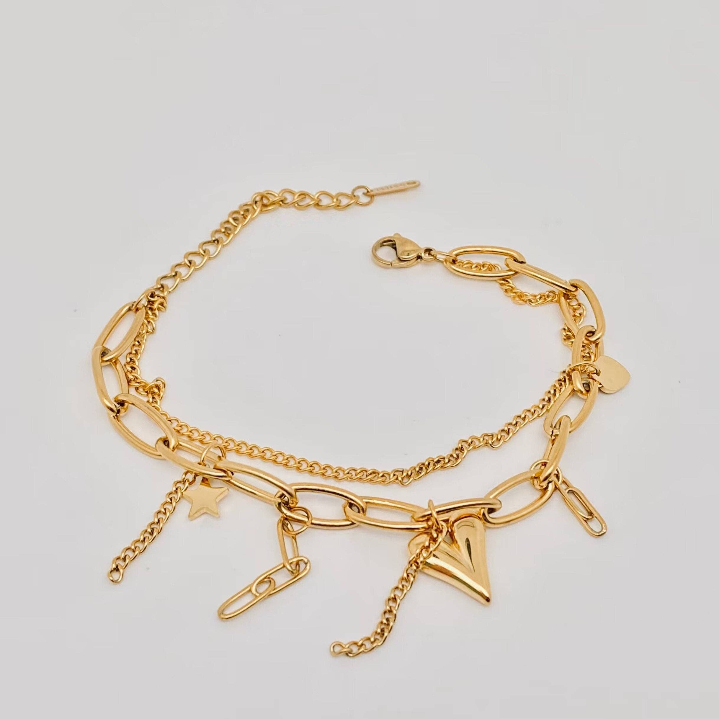 Star Heart Charm 18K Gold Plated Double Chain Bracelet - FGS