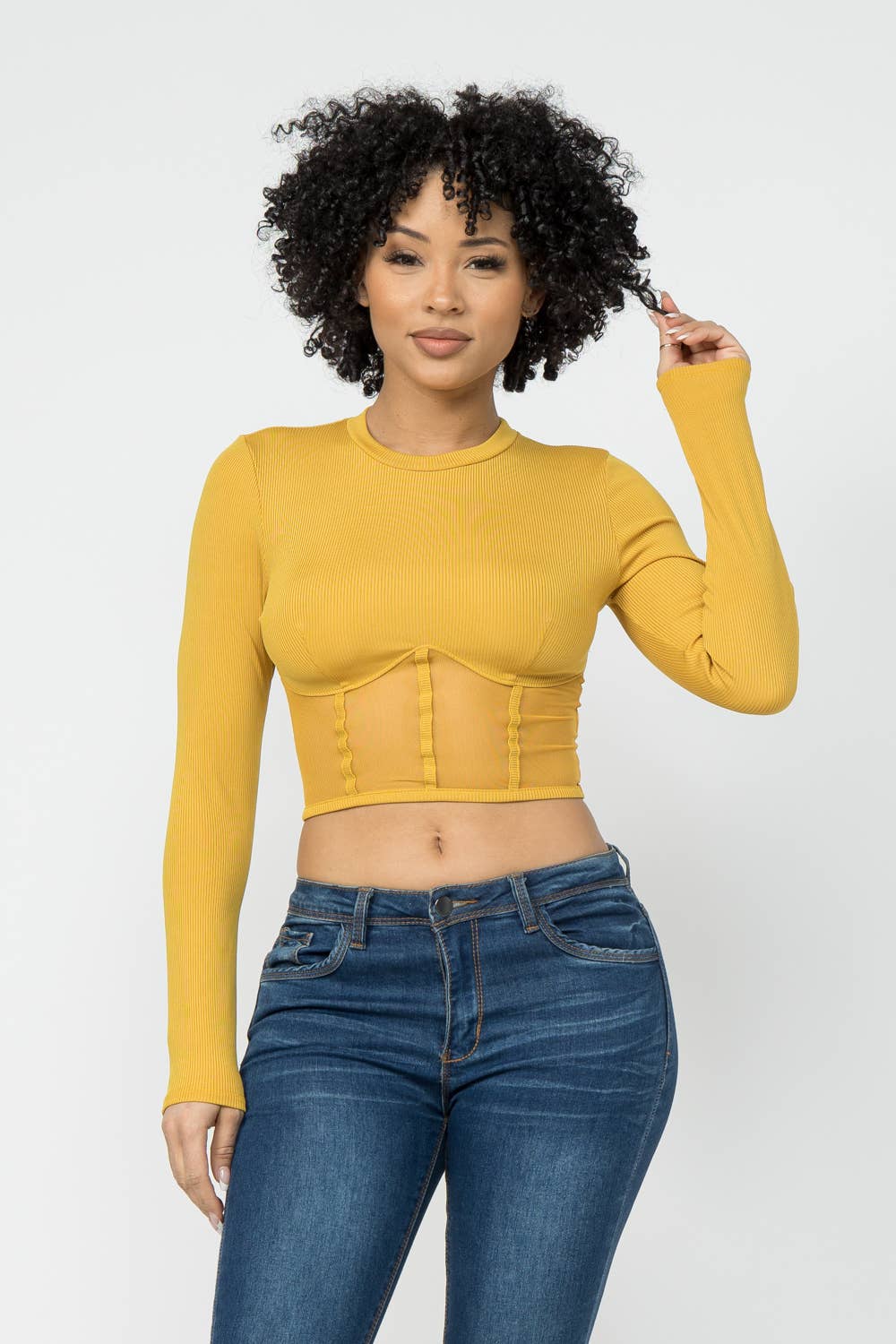Corset Style Long Sleeve Round Neck Crop Top