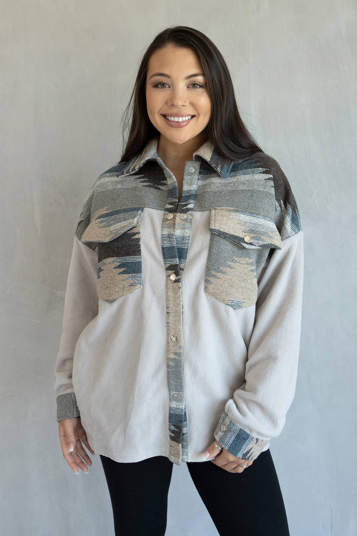 SKT2200 Flo Print Trim Shacket w/ Front Pockets