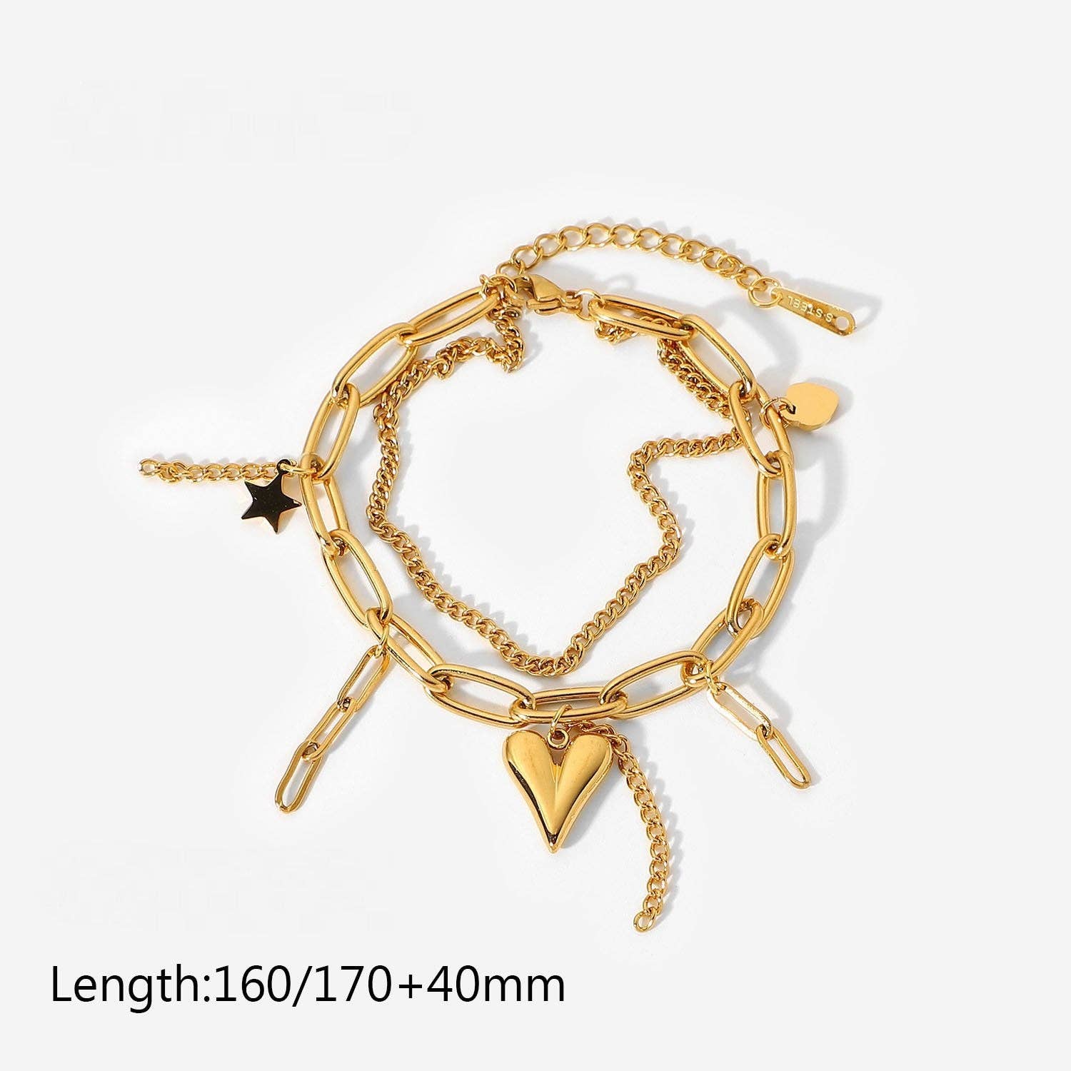 Star Heart Charm 18K Gold Plated Double Chain Bracelet - FGS