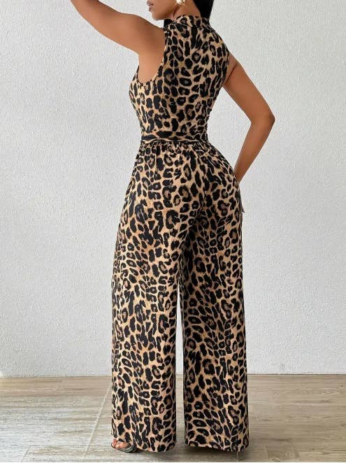 Leopard Print Sleeveless Shirt Collar Wide Leg Jumpsuit