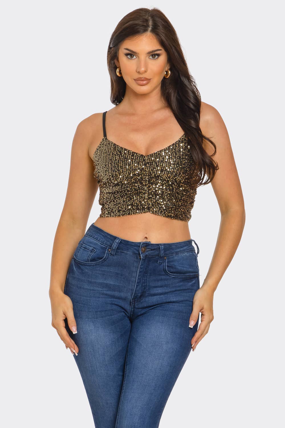 Sequins Front Elastic Shirring Detail Crop Top