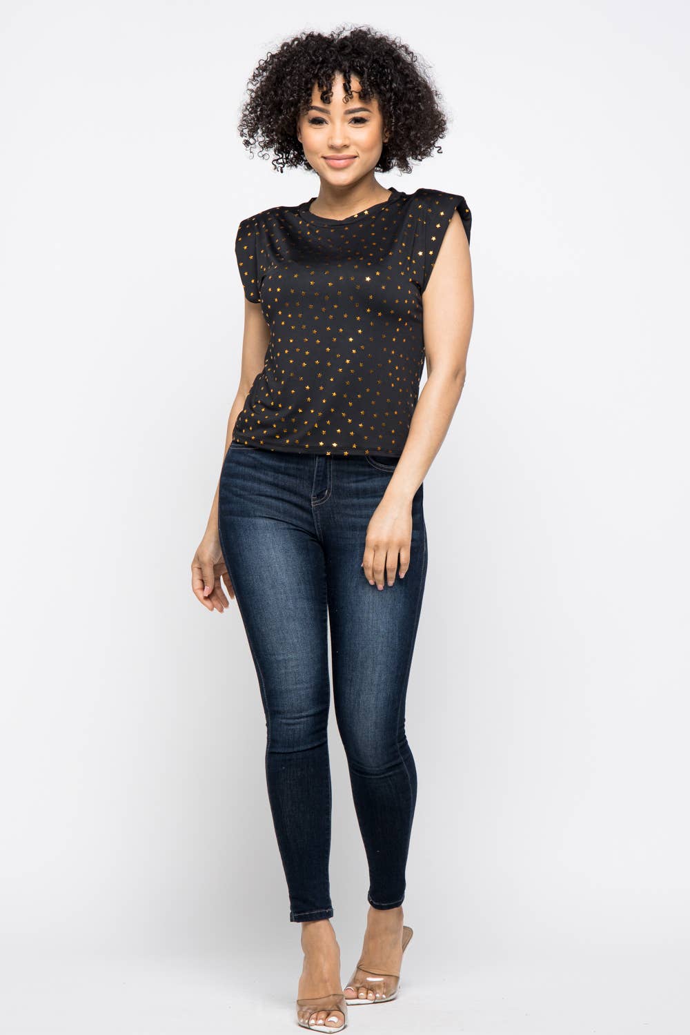 Dty Foil Star Print Shoulder Pad Trim Top