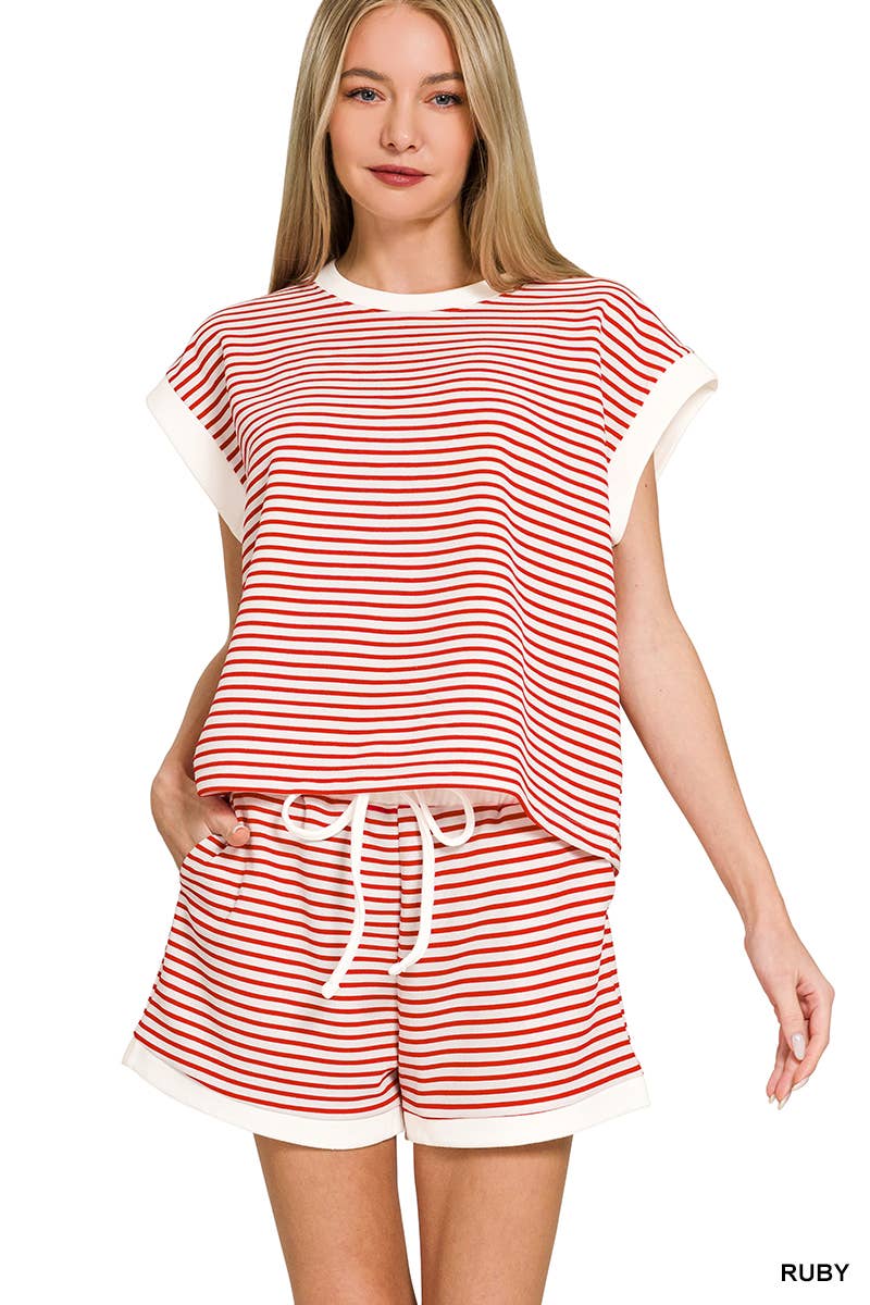 Stripe Contrast Trim Top & Shorts Set