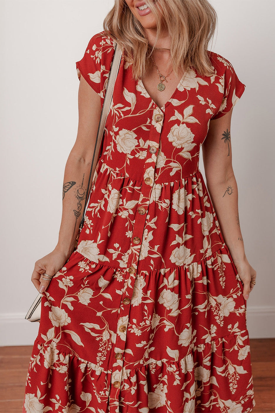 Floral Buttoned V-Neck Summer Midi Dress