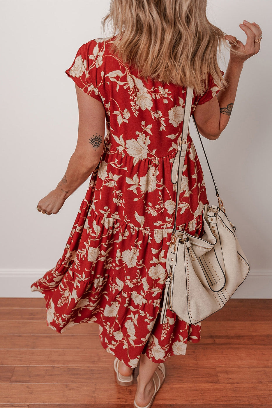 Floral Buttoned V-Neck Summer Midi Dress