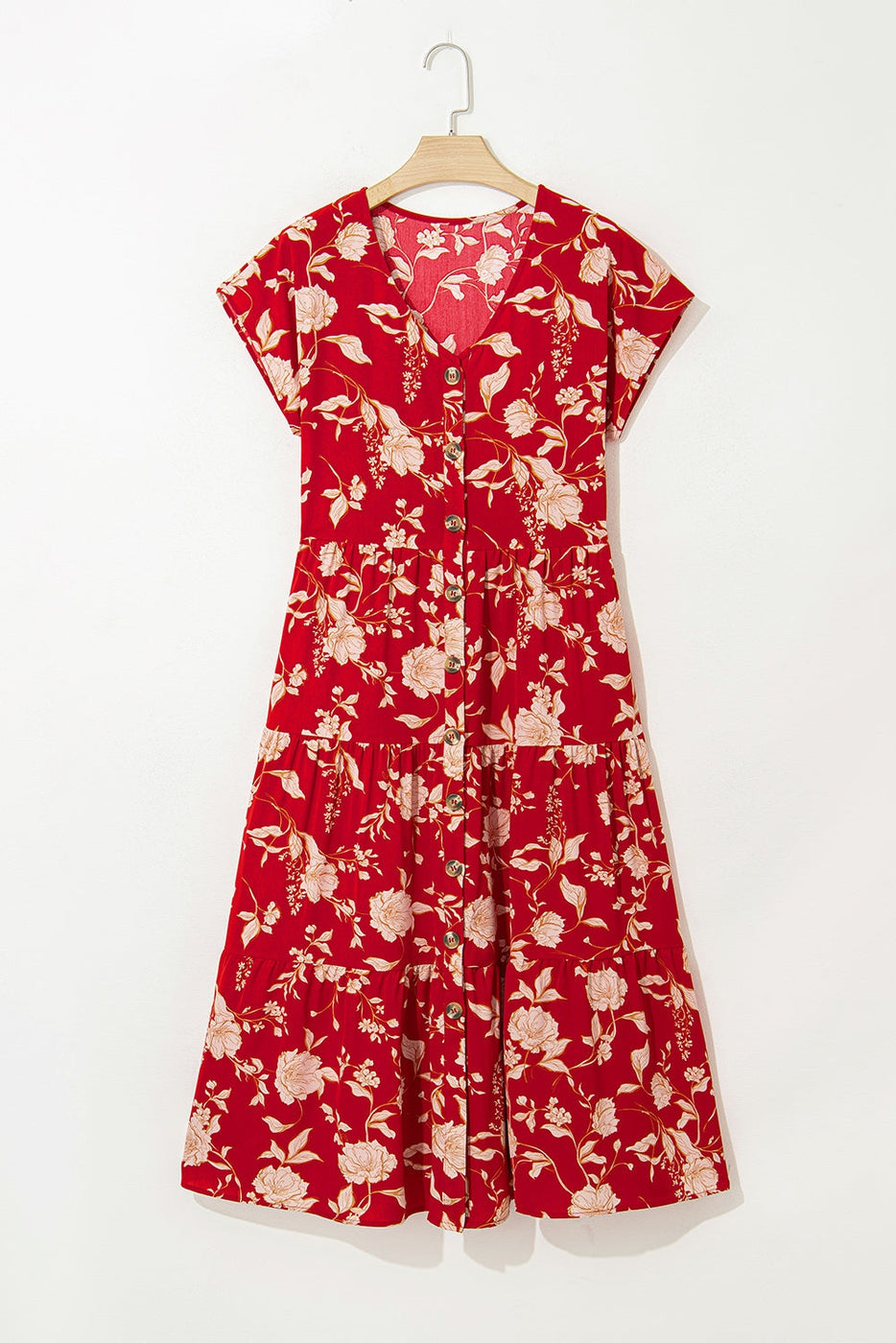 Floral Buttoned V-Neck Summer Midi Dress