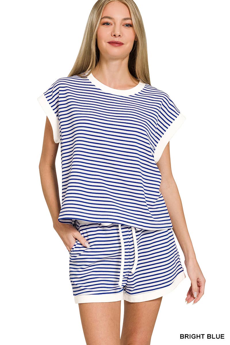 Stripe Contrast Trim Top & Shorts Set