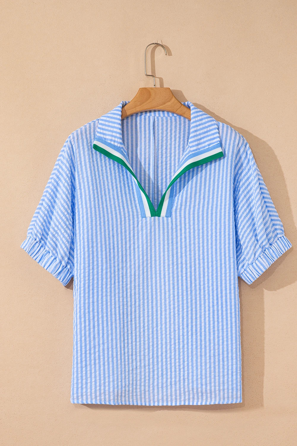 Sky Blue Striped Dolman Sleeve Pop of Color Neckline Blouse